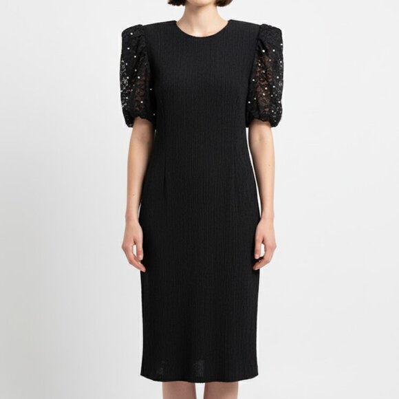 Vintage Lace Pearl Puff Sleeve Leslie Fay Dress Crepe Crinkle 80’s Holiday Party - Picture 1 of 10